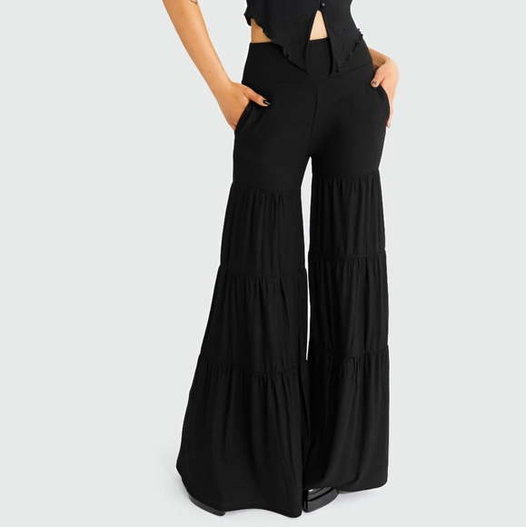 Killstar Pants - Killstar Goth Maleficum Black Stretchy Flowy Trousers Pants S